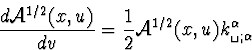 \begin{displaymath}
\frac{d {\cal{A}}^{1/2}(x,u)}{dv} = \frac{1}{2} {\cal{A}}^{1/2}(x,u) 
k^{\alpha}_{\verb*+ +;\alpha}\end{displaymath}