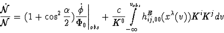 \begin{displaymath}
\frac{\dot{{\cal{N}}}}{{\cal{N}}} = \left. 
(1+\cos^2 \frac{...
 ...nfty}^{v_{obs}} 
h^{E}_{ij, 00} (x^{\lambda}(v)) K^{i} K^{j} dv\end{displaymath}