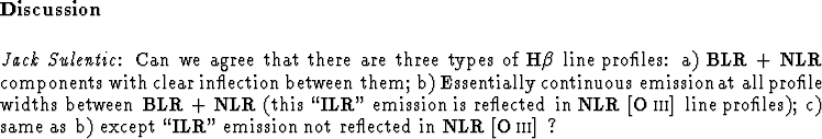 \begin{question}
{Jack Sulentic}
Can we agree that there are three types of H$\b...
 ... b) except ``ILR'' emission 
not reflected in NLR [O\,{\sc iii}] ?\end{question}
